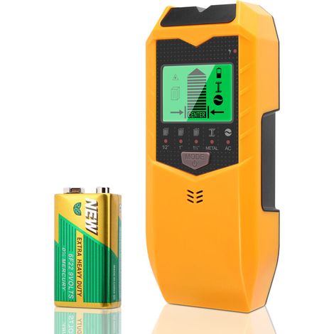 5-in-1 wall stud finder with HD LCD screen for center and edge wiring in wood, metal, and mains power. (1/5)