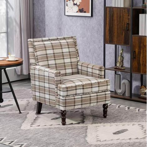 Fauteuil d'appoint à accoudoirs, tissu marron et blanc, 69 x 64 x 89 cm DESVIAE (1/5)