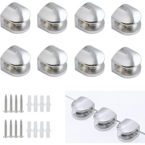 8 Pièces Pince à Verre, Fixation Réglable Verre en Alliage de Zinc, Support pour Tablette Etagere Tablettes 5-8 mm D'épaisseur, Argent (1/5)