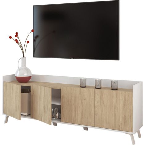 Meuble TV, meuble de salon avec 4 portes coloris blanc, chêne - Hauteur 63 x Longueur 180 x profondeur 33 cm (1/2)