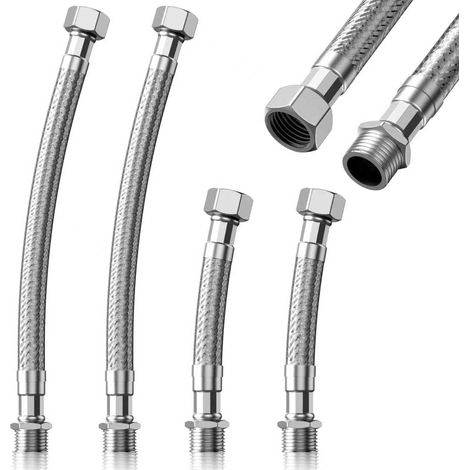 Lot de 4 Tuyau Robinet Cuisine Acier Inox 304 3/8", Filetage Extérieur, Tuyau Blindé Raccord pour Robinet d'angle et Chauffe-eau (20 cm/10 cm) (1/5)