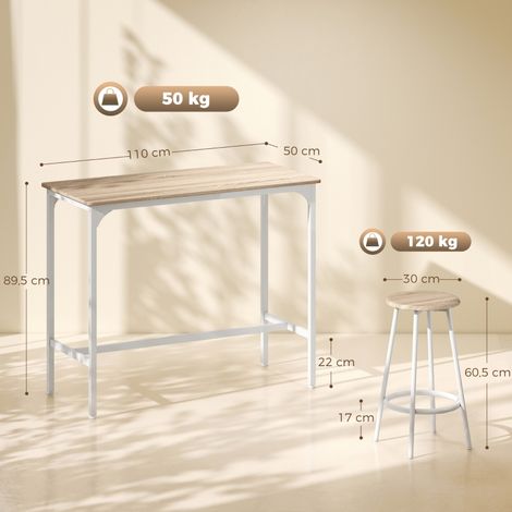 Table haute 5 pièces, tabourets inclus, pour 4 convives, style industriel, en chêne, idéale cuisine et salle à manger. (1/5)