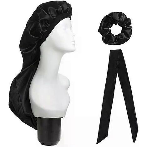 Ensemble de soins capillaires - 3 pièces : bonnet long, turban et élastique à cheveux - Noir (1/2)