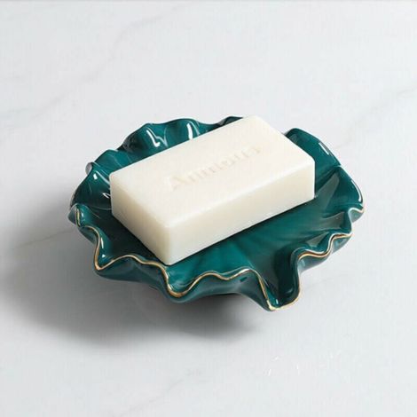 Ceramic soap dish, drain soap dish, bathroom lotus leaf shaped soap dish (green) (1/4)