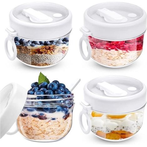 4 contenitori per overnight oats con coperchi, cucchiaio, tazze per cereali da 600 ml, barattoli per overnight oats, vasetti per yogurt, barattoli per conserve, barattoli per avena per latte, muesli (1/5)