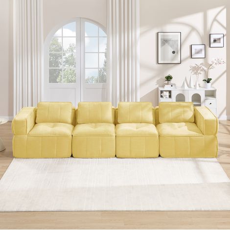 Sofá modular 4 plazas sin estructura, espuma 32D, poliéster amarillo HAVRYA (1/5)
