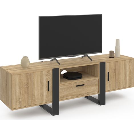 Idmarket – Meuble TV 160 cm avec 2 placards et étagère centrale – Bois et métal noir – Design moderne pour salon – Rangement maxi capacité