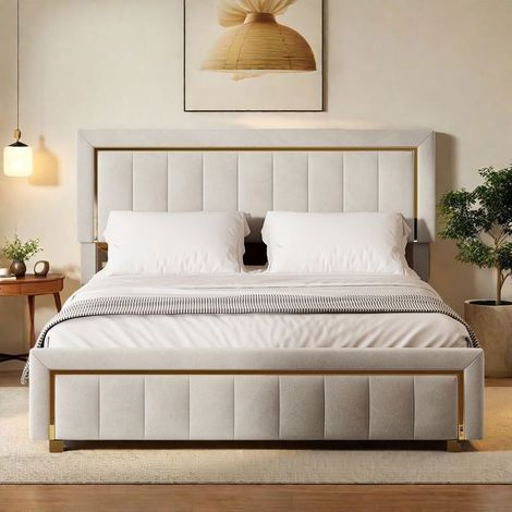 Bett 140x200 cm - TANANT - Beigem Velours - 2 Plätze - Modern - Gepolsterter Kopfteil