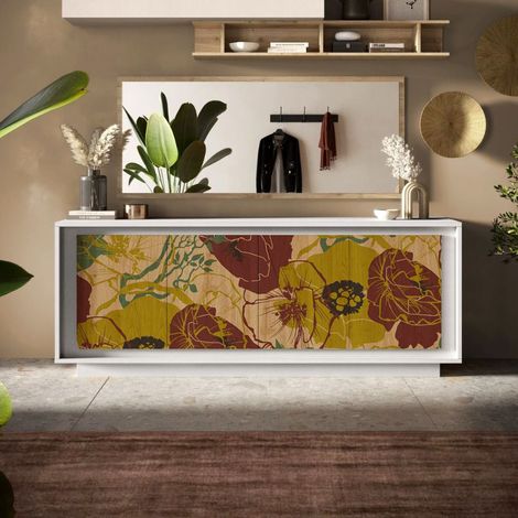 Madia 4 ante battenti linea Pear in finitura Bianco opaco e Rovere Cadiz con grafica (1/2)