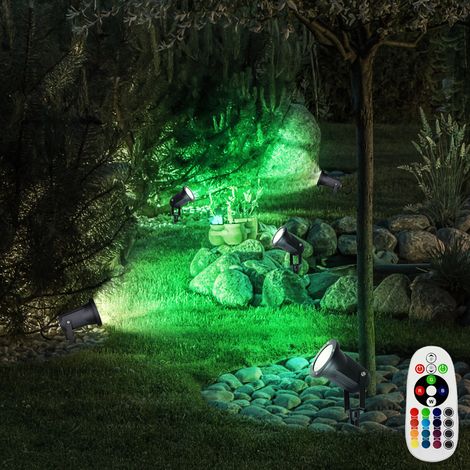Lampe enfichable d'extérieur orientable lumière extérieure piquet jardin lampe enfichable terrasse extérieure, télécommande dimmable, noir, 1x LED RGB 3,5W 290Lm, DxH 9,5x33,5 cm, lot de 2