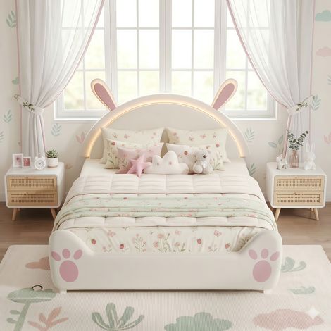 Kinderbett 140x200 cm mit Hasen-Kopfteil, Einzelbett mit LED-Beleuchtung und Lattenrost, Polsterbett-Design für Mädchen - Rosa (1/5)