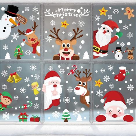 Décorations de Noël pour fenêtres, 9 feuilles d'autocollants, décorations adhésives de Noël avec Père Noël, flocons de neige et orignal, stickers PVC pour portes, vitrines, façades vitrées, 248 pièces (1/5)