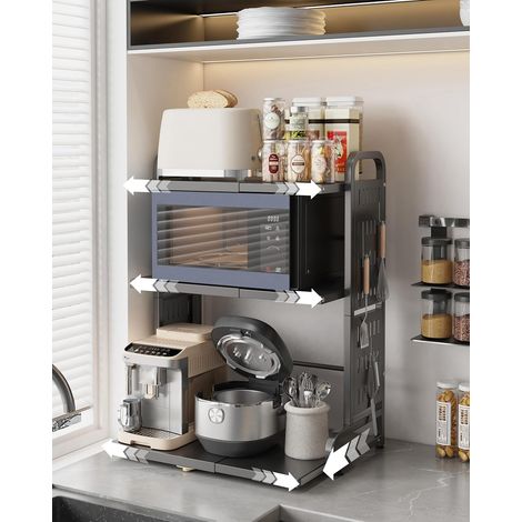 Étagère de Rangement Extensible pour Micro-Ondes 3 Niveaux, Réglable, Métal, 6 Crochets, Cuisine, Support pour Four, Microwave Oven Storage Rack (Noir) (1/5)