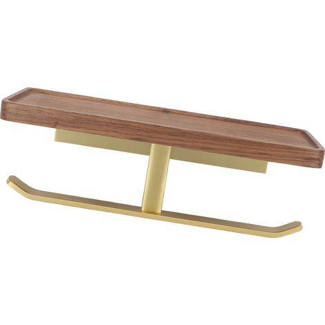 Support papier WC avec étagère en alliage aluminium et bois noyer, doré, pose facile, compact, dévidoir salle bain cuisine, Type 2 30x12cm, 1+6 accessoires (1/5)
