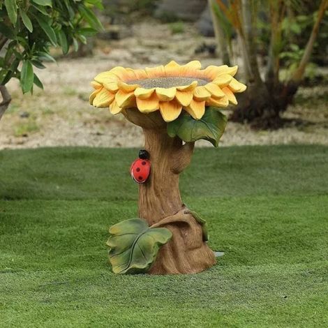 Bain Pour Oiseaux - Pied Esthétique En Résine - Design Tournesol Avec Coccinelle - Pour Jardin Extérieur - 1 Pièce