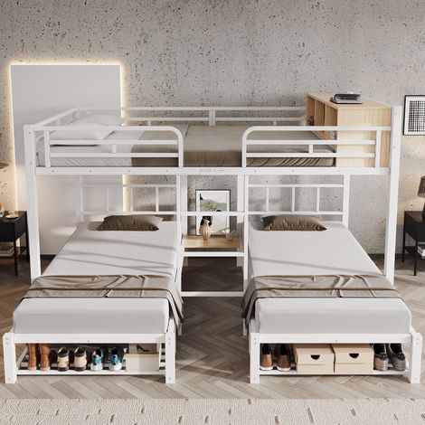 Lit superposé triple 90x200 cm/140x200 cm avec étagère et rangement - Lit en fer blanc avec grille antichute - Pour enfants et adolescents (1/5)