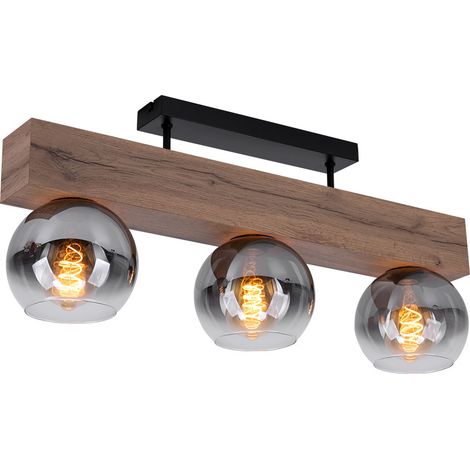 Plafonnier, lampe de chambre, spot de plafond, aspect bois, plafonnier 3 flammes, verre fumé, métal MDF, 3x douille E27, LxH 65 x 28 cm