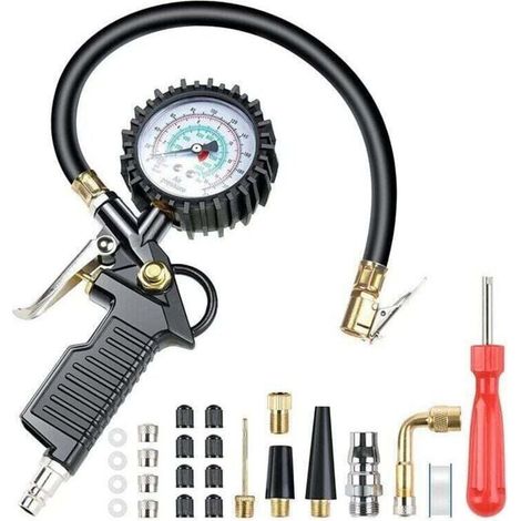 Numérique Manomètre Pression Pneu Jauges de Pression des Pneus 220PSI Multifonctionnelle Pistolet de Gonflage Manometre avec 24 Accessoires Buses Divers et Outils pour Voitures Motos Vélos (1/4)