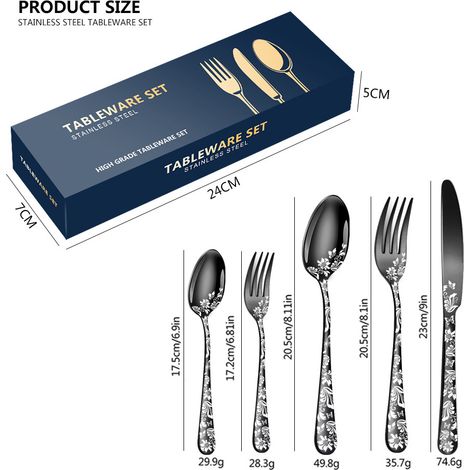 20-teiliges Edelstahl-Besteckset mit hochglanzpolierter Oberfläche: 4 Messer, Gabeln, Löffel und Teelöffel, verziert mit einem schönen Blumenmuster, ideal für Küchen, Restaurants und Empfänge.