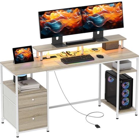 Bureau d'ordinateur LED réglable avec 2 prises et ports USB, tiroirs et étagères, dimensions 155,5x48x88,5cm, effet bois naturel (1/5)