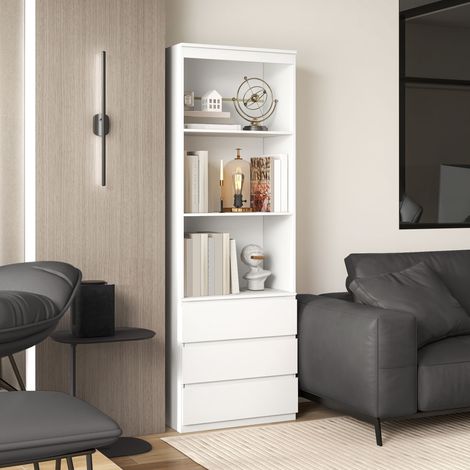 180 cm hohes Bücherregal mit 3 Regalböden und 3 Schubladen, 60 x 35 x 180 cm, weißes Holz
