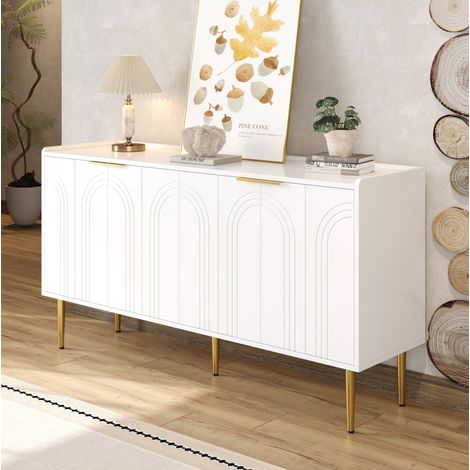 Buffet 4 portes avec étagères réglables 140 x 38 x 75 cm en MDF blanc HAVRYA (1/5)