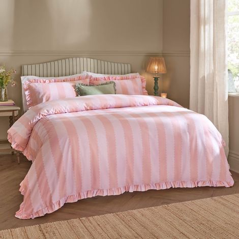 Jeu De Housse De Couette Réversible À Volants Coton Riche Rayé Literie Rose/Framboise 260x220cm (1/4)