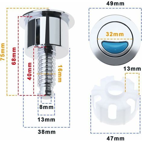 Bouton de chasse d'eau double bouton poussoir rondABS chromé49mm diamètre38mm trou de montageMécanisme économique d'eau (1/3)