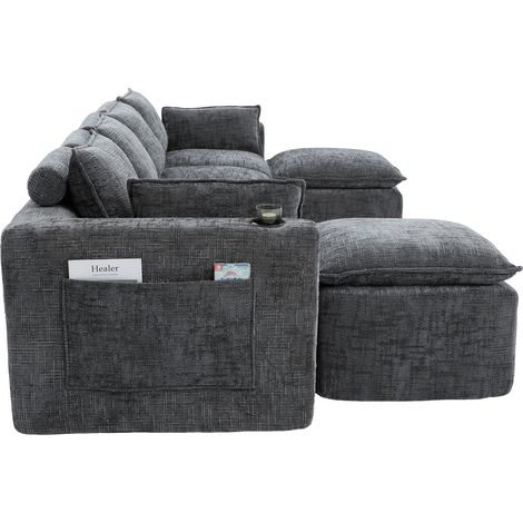 Canapé modulable 4 places avec 2 poufs, tissu chenille gris, rembourrage mousse et ressorts, 322x161x75 cm (1/5)