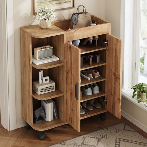 Mueble zapatero estrecho 80x32x99 cm con estantes abiertos y almacenaje cerrado, madera natural (1/5)