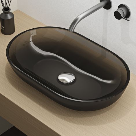 Mai & Mai Vasque à Poser Ovale Gris Lavabo de Résine Transparente Évier Salle de Bain Lave Mains sans Trop-Plein 54x34x10,5cm Coloria03 (1/5)