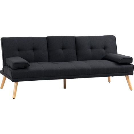 Canapé-lit 3 places avec tablette rabattable et porte-gobelet, aspect lin, design scandinave, charge maximale 250 kg, gris, idéal pour le salon.