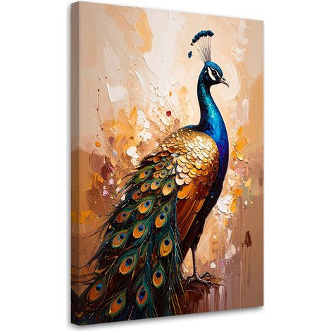 Quadro su tela, Pavone colorato Uccelli su sfondo beige - 40x60 (1/2)