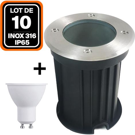 Europalamp – Lot de 10 spots encastrables de sol ronds inox 316 – IP65 étanche – Douille GU10 – 400 Lm 6000K – Pour balisage allées et jardins