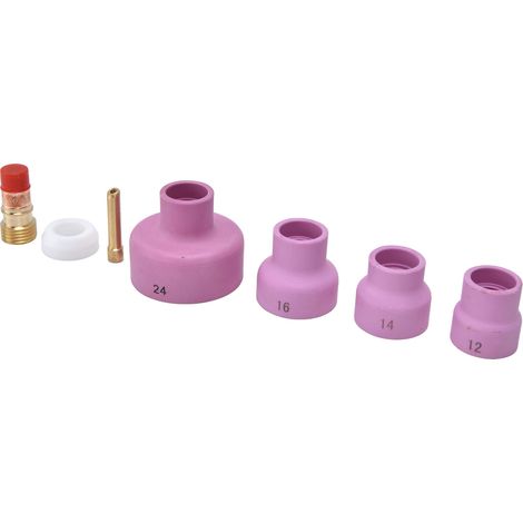 Set mit 7 WIG-Schweißzubehörteilen, Keramikdüse, Spannzangenklemme, Gaslinse, Düse und Dichtung für WP17/18/26-Brenner. (1/5)