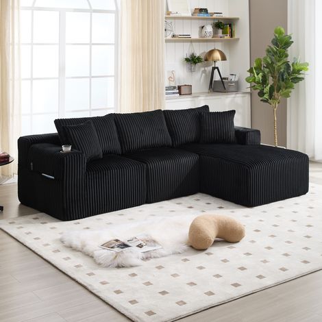 Canapé d'angle en velours côtelé, 3 places, 5 coussins, 2 porte-gobelets, canapé modulable, 257×90-160×62cm, noir