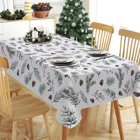 Nappe rectangulaire 150 x 220 cm à motif de feuilles de pin d'hiver, pomme de pin et baies rouges, idéale pour une table de ferme, un dîner de Noël