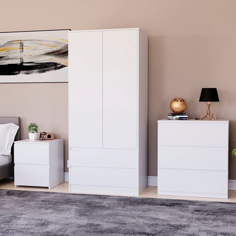 3 Piece Denver Bedroom Set, 2 Drawer Large Bedside Chest, 3 Drawer Chest, 2 Door 2 Drawer Wardrobe, White (1/2)
