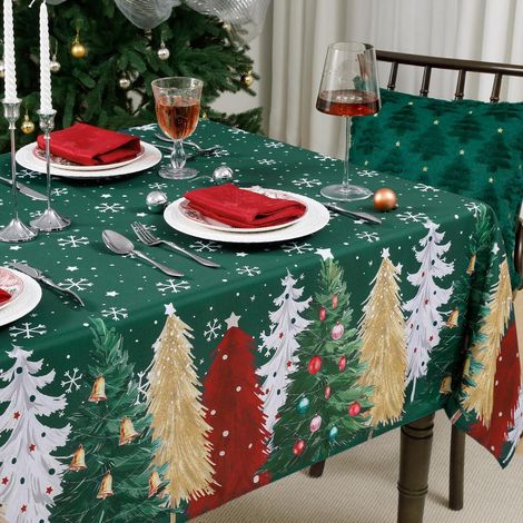Weihnachts-Tischdecke 140x240 cm abwaschbar mit Weihnachtsbäumen und Schneeflocken