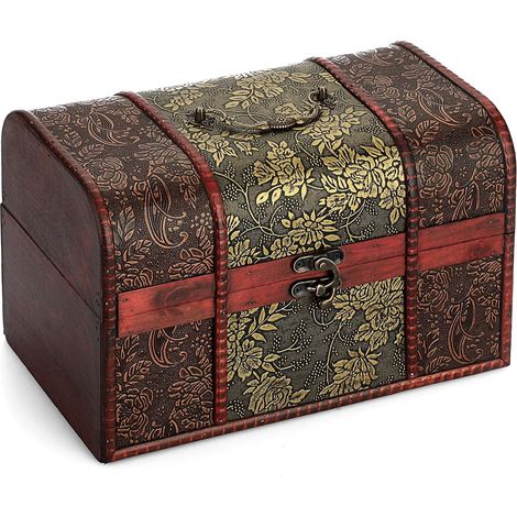 Malle au Trésor vintage en Bois, Coffret à Bijoux, 30x20x18cm