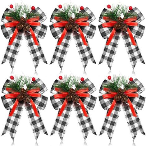 Lot de 6 nœuds de Noël avec pommes de pin, nœuds à carreaux de Noël, ruban noir et blanc, décoration de couronne d'arbre de Noël pour fêtes de Noël, artisanat d'intérieur et d'extérieur, décoration DI (1/5)