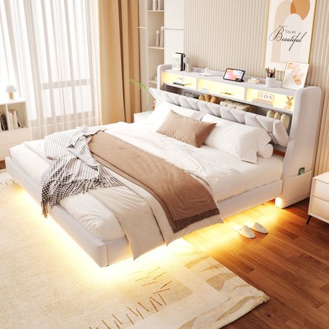 Lit adulte 180x200 avec LED et tête de lit beige OKMYHOME (1/5)