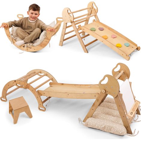 5-in-1 Klettergerüst Indoor aus Holz mit Rutsche – Kletterdreieck Montessori für Kinder ab 1 Jahr, Indoor Spielplatz Baby Kletterset & Kunstset