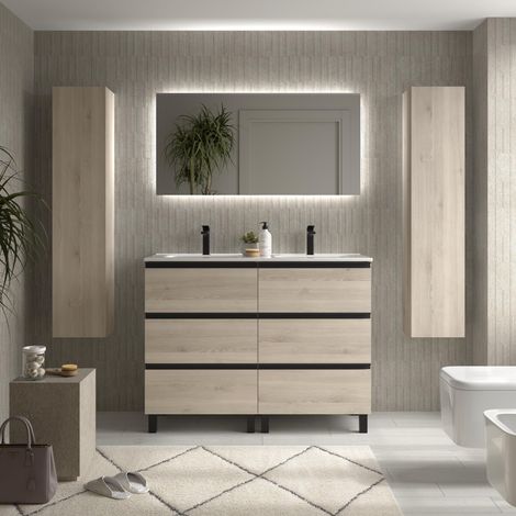 Meuble de salle de bain BEQUIA METAL 3C 120cm Naturel Vasque Porcelaine Centrale (1/5)