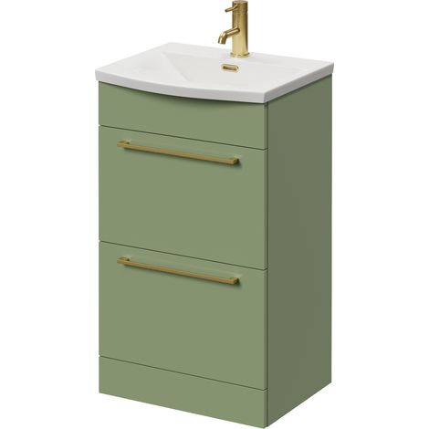Napoli 390 Olive Green 500mm 2 Drawer Vanity Unit with Arc Basin - 500mm - Brushed Brass 320mm Handle