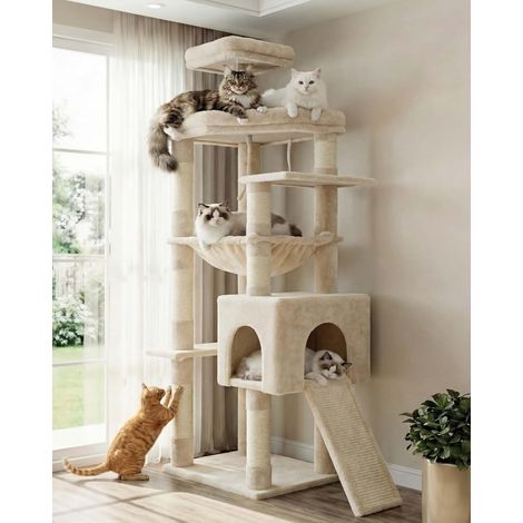Arbre à Chat Robuste 163 cm, Structure élargie Grandes Plateformes. Arbre a Chat avec hamac XXL, griffoir sisal intégré. Couchage et mobilier pour Chats, Design Stable, Beige HCT027M (1/5)