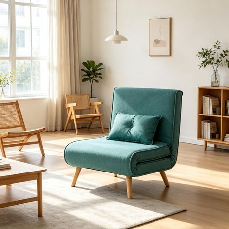 Fauteuil-lit clic-clac 80x75x87 cm en tissu vert, dossier 5 positions pour petits espaces – MEUBLIV (1/5)