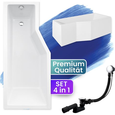Badewanne Eckbadewanne 170x75 Links mit AcrylSchürze, Ablaufgarnitur & Füßen GRATIS - Komplettset 4in1 Original Acryl Wanne Siphon - BADLAND INTEGRA (1/5)
