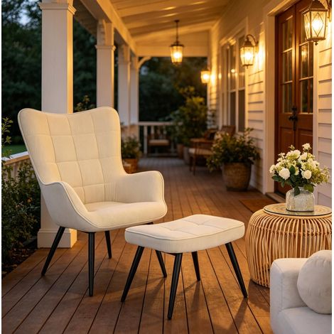 Poltrona relax con poggiapiedi in velluto a coste bianco crema, struttura in metallo, 50 x 49 x 97 cm (1/5)