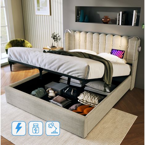 Cama tapizada 140/200 cm natural de lino con luz de lectura, 2 USB y arcón abatible (1/5)